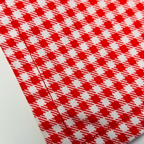 Dog Bandana Red/White Floral & Checkered Print, Reversible, Snap Button Closure - Picture 5 of 8